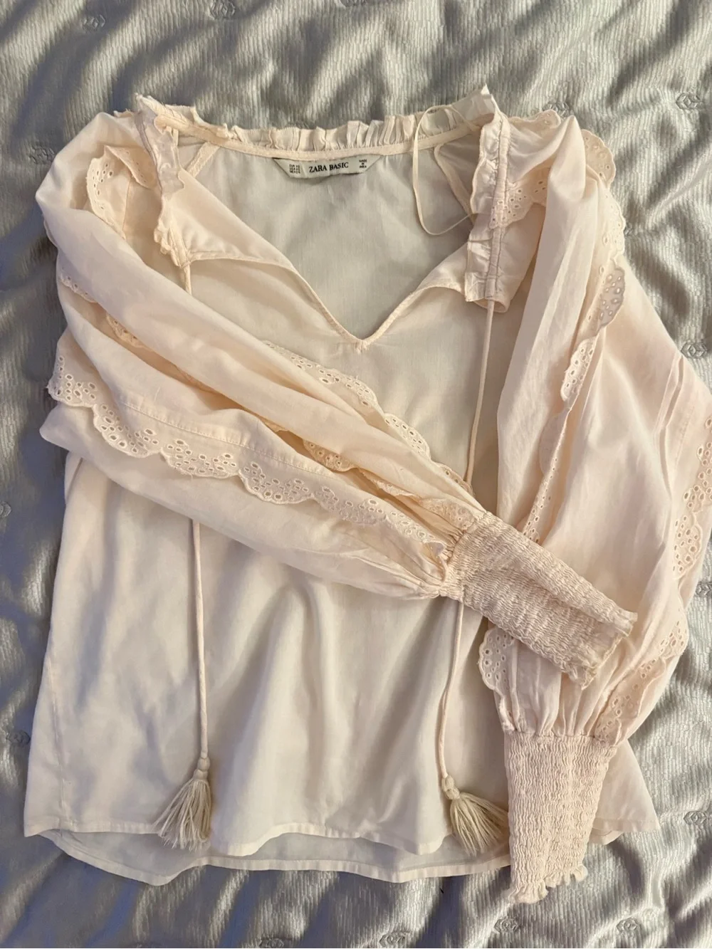 Zara Cream Ruffle Tie-Front Blouse with Tassels